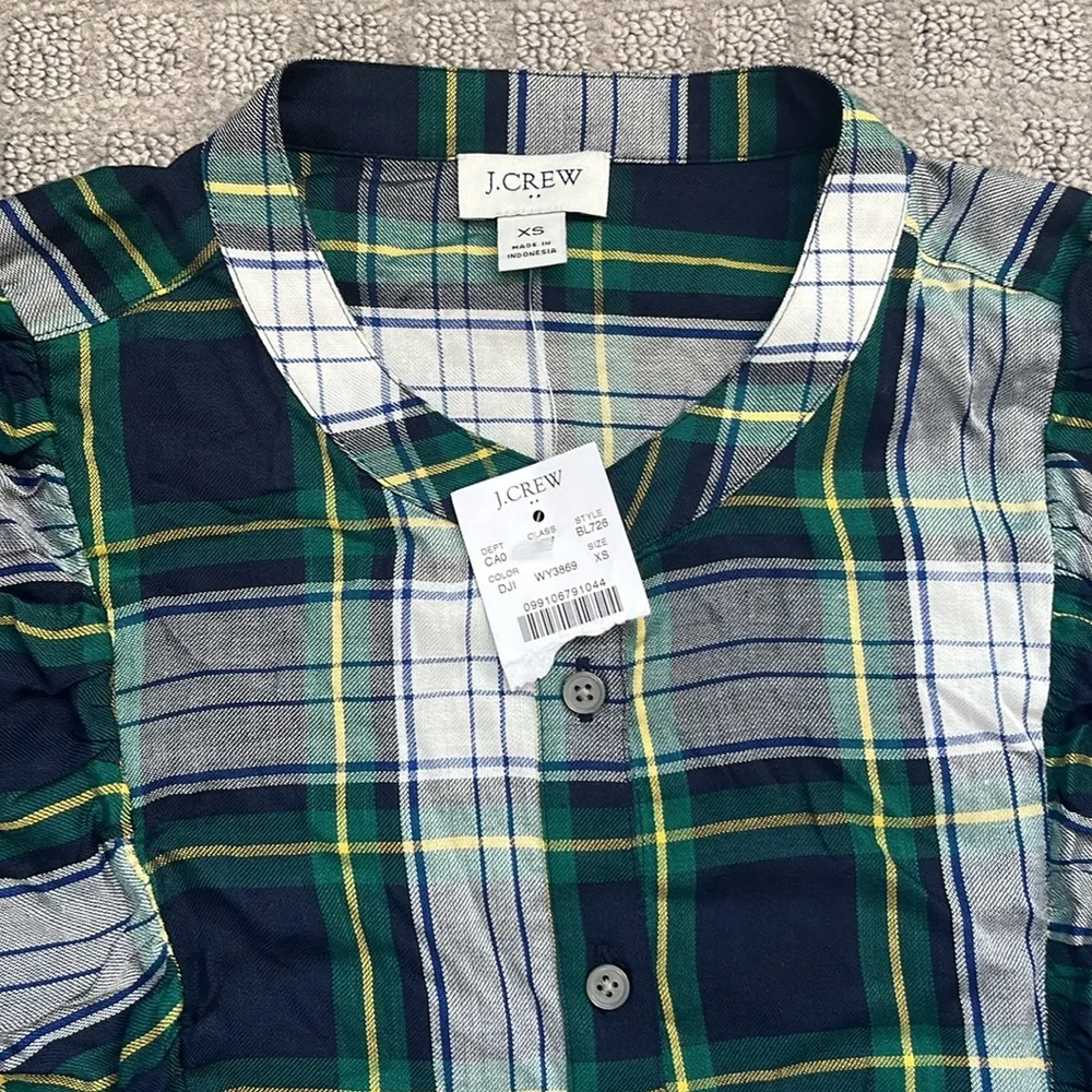 J. Crew Women’s Green and Blue Plaid Button Down Shirt with Ruffles Size XS NWT - Picture 2 of 3